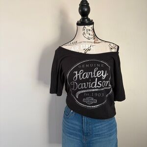 Harley Davidson off-shoulder y2k black graphic t-shirt